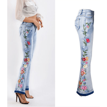 Flared Denim Stretch Jeans with Heavily Embroidered Flowers - Robin Boutique-Boutique 