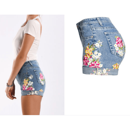 Floral Embroidered Denim Jean Shorts - Robin Boutique-Boutique 