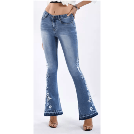 Bell Bottom Stretch Jeans with Floral Embroidery - Robin Boutique-Boutique 