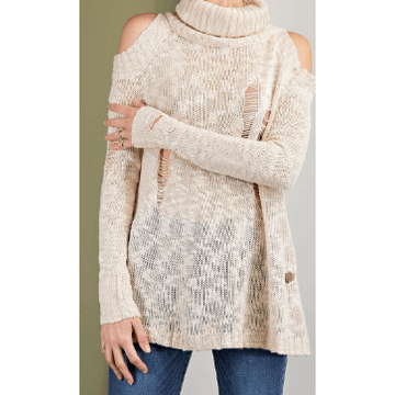 Long Sleeve Off Shoulder Distressed Sweater - Robin Boutique-Boutique 