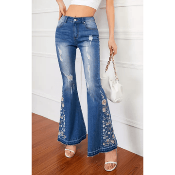 Bell Bottom Distressed Stretch Jeans with Embroidery - Robin Boutique-Boutique 