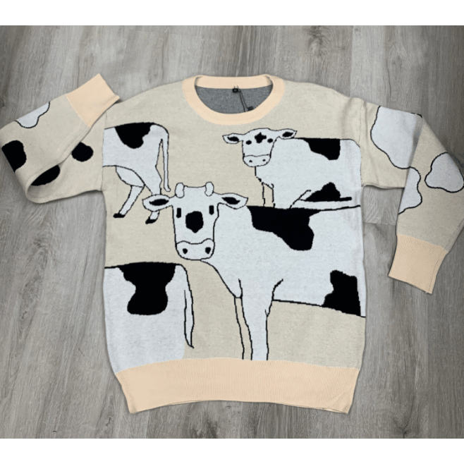 Long Sleeve Cow Print Oversized Sweater - Robin Boutique-Boutique 