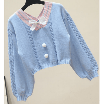 Pullover Sweater with poms, cables V-Neck in sailor style - Robin Boutique-Boutique 