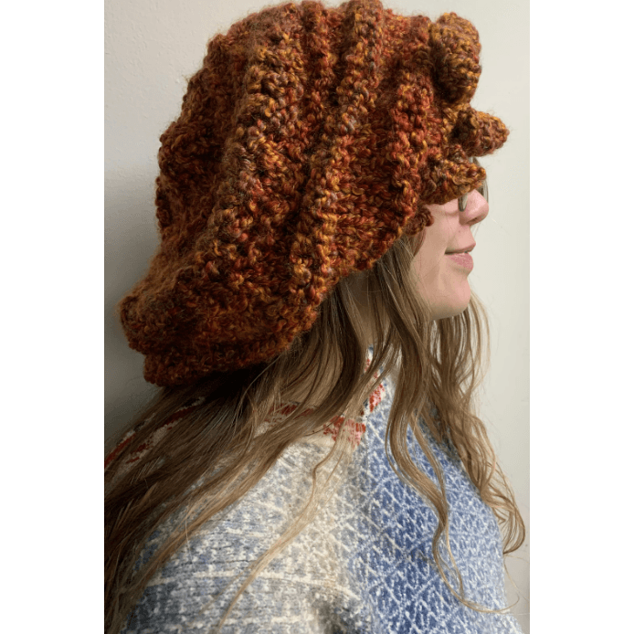 Hand knit acrylic beret hat with popcorns