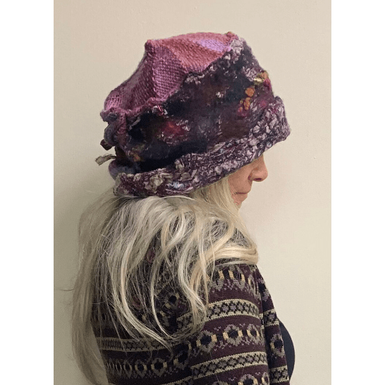 Large Rainbow hand-felt and knit free formed hand stitched winter warm hat. Loads of texture and color - Robin Boutique-Boutique 