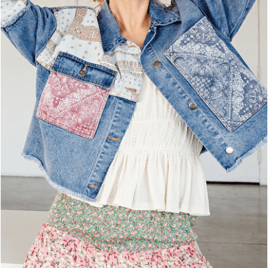 Denim Jacket with Patchwork and Pockets - Robin Boutique-Boutique 
