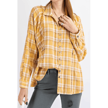 Long Sleeve Mustard Sage Button Down Flannel Top - Robin Boutique-Boutique 