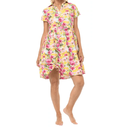 Short Sleeve Pink & Yellow Floral Dress with Drawstring - Robin Boutique-Boutique 