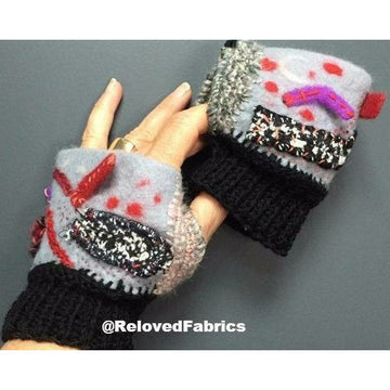Felt, Embroidered, Knit and Crochet hand shorty gloves. Fingerless, Fingers Free, Hand Warmers, Glovette, Gloves - Robin Boutique-Boutique    &.  Reloved Fabrics