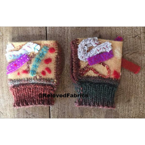 Fingerless Gloves ,Fingers Free, Arm Warmers, Driving Gloves Felt, Embroidered, Knit and Crochet hand shorty gloves n embroidered accents - Robin Boutique-Boutique    &.  Reloved Fabrics