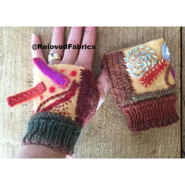 Fingerless Gloves ,Fingers Free, Arm Warmers, Driving Gloves Felt, Embroidered, Knit and Crochet hand shorty gloves n embroidered accents - Robin Boutique-Boutique    &.  Reloved Fabrics