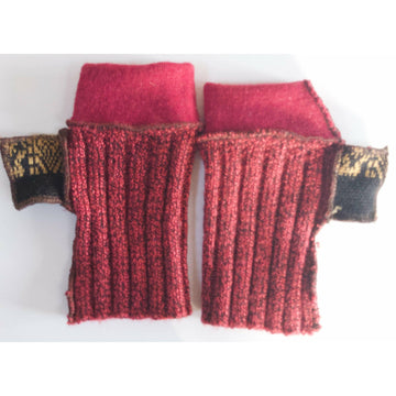 Vegan Upcycled Recycled sweater texting fingerless gloves in  red shades with thumb guards