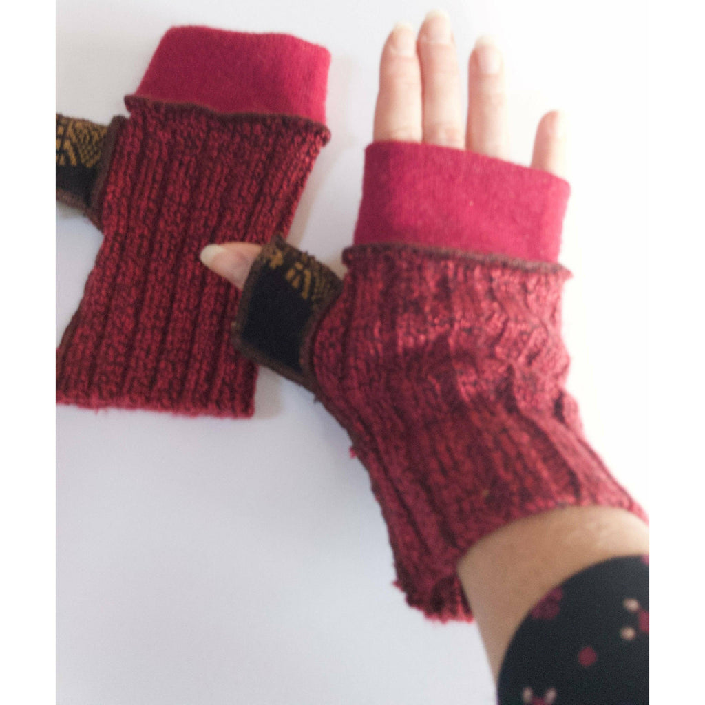 Vegan Upcycled Recycled sweater texting fingerless gloves in  red shades with thumb guards