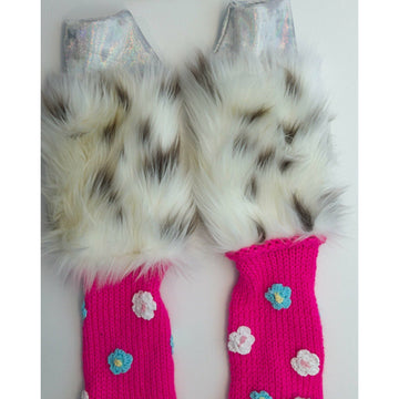 Vegan cotton fake fur hand-knit finger free less gloves mitts. Texting gloves, arm warmers, festival gloves, rave or dance arm warmers - Robin Boutique-Boutique    &.  Reloved Fabrics