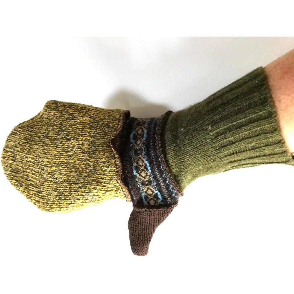 New and Upcycled Recycled Lined sweater mitten gloves in greens and browns. Warm and soft. - Robin Boutique-Boutique    &.  Reloved Fabrics