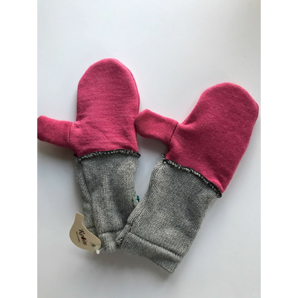 New and Upcycled Recycled Lined Embroidered sweater mitten gloves in pink and gray. Warm and cuddly. - Robin Boutique-Boutique    &.  Reloved Fabrics
