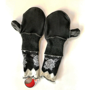 New and Upcycled Recycled Lined sweater mitten gloves in black n silver accents with thumb guards - Robin Boutique-Boutique    &.  Reloved Fabrics