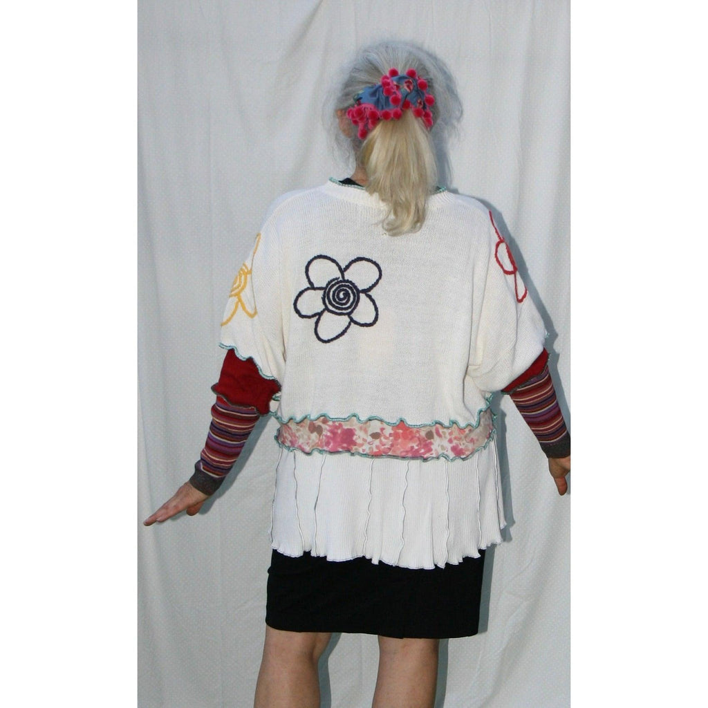 Vegan Cotton Knit Cardigan Sweater Jumper With Whimsical Embroidered Flowers and Button Neck. White. Size XL or 1XL - Robin Boutique-Boutique 