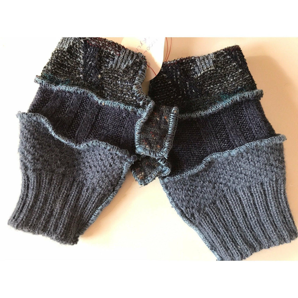 Recycled sweater texting fingerless gloves in blue shades with thumb guards