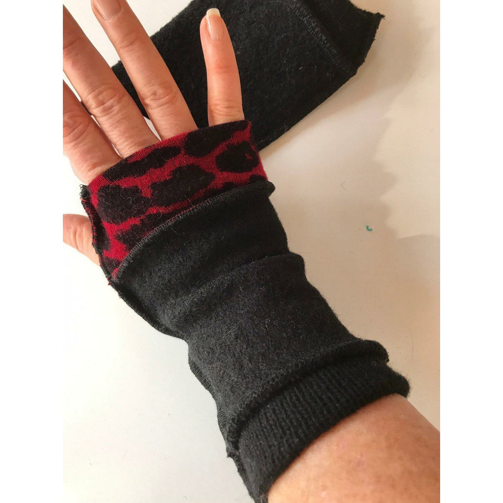 New and Upcycled Recycled sweater texting fingerless gloves with thumb guards in blacks - Robin Boutique-Boutique    &.  Reloved Fabrics