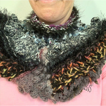 Hand knit in one piece soft infinity shoulder wrap adornment with multiple stitch and color textures. Winter scarf. - Robin Boutique-Boutique    &.  Reloved Fabrics