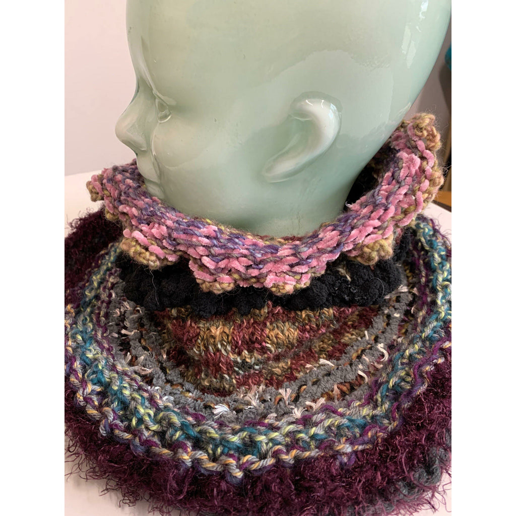 Long Hand knit in one piece soft infinity scarf adornment with multiple stitch and color changes. Winter scarf. - Robin Boutique-Boutique    &.  Reloved Fabrics
