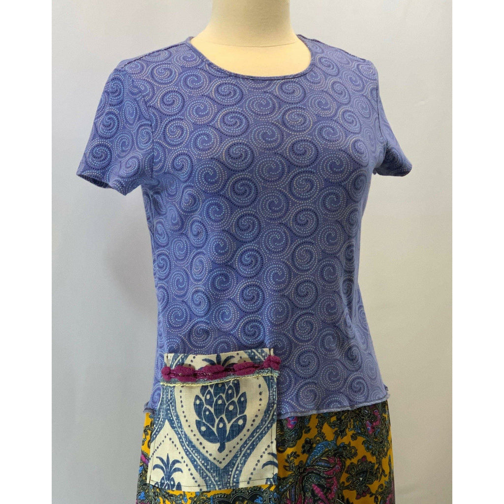 Periwinkle and rainbow colored repurposed cotton knit shirt into new tunic with side pocket in size medium - Robin Boutique-Boutique    &.  Reloved Fabrics