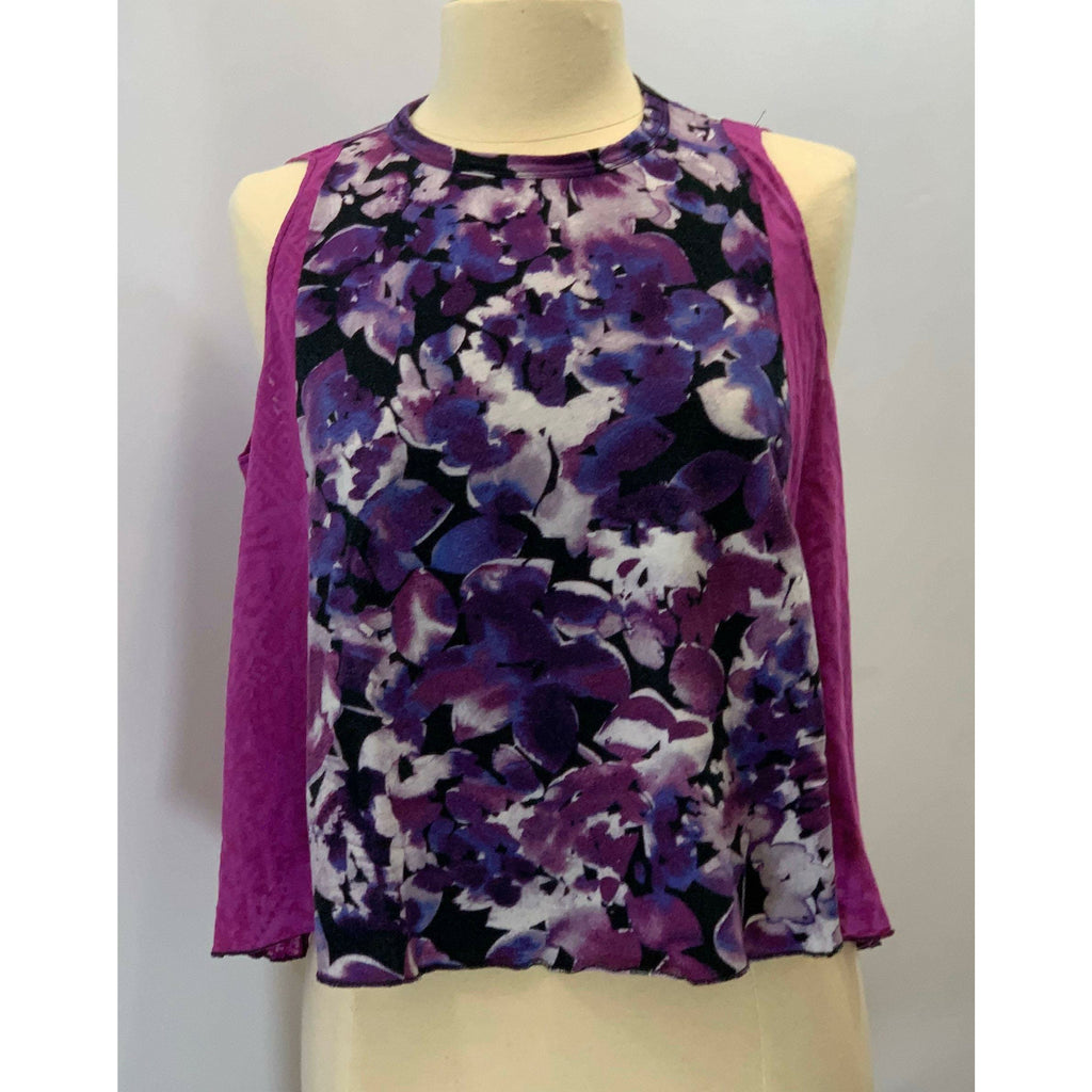 Floral purple sleeveless knit top from repurposed shirt in one size all. - Robin Boutique-Boutique    &.  Reloved Fabrics