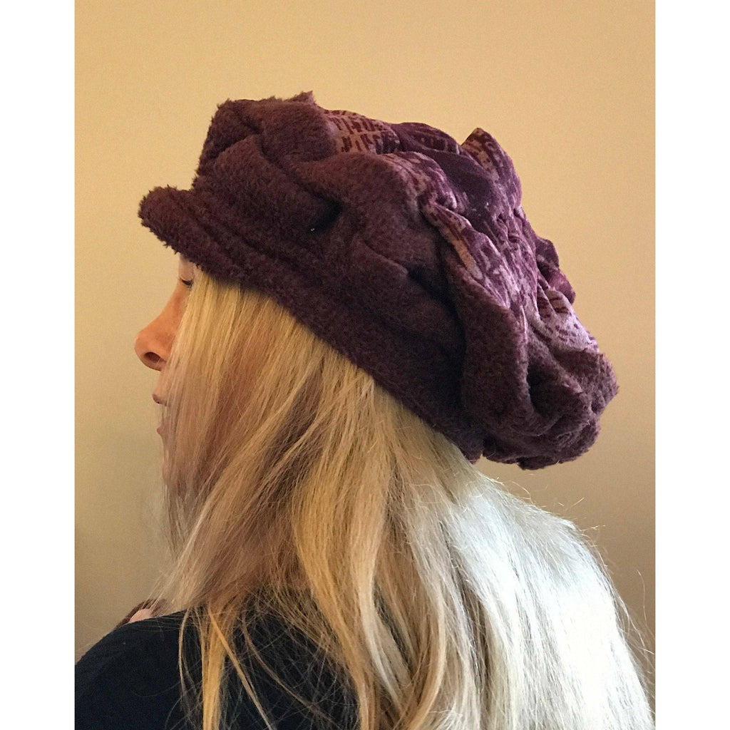 Vegan cozy soft warm free-formed brown fleece with maroon print winter hat. Free shipping. - Robin Boutique-Boutique 