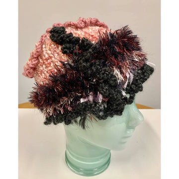 Hand knit in one piece pink, black, gray soft infinity scarf or Head band hat adornment with multiple stitch and color textures. Non wool. - Robin Boutique-Boutique    &.  Reloved Fabrics