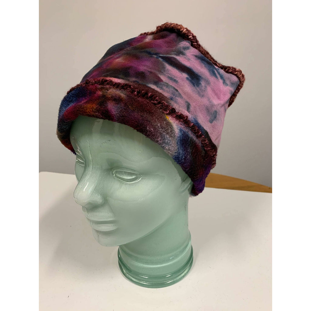 Hand Tye dyed soft organic hemp with hand knit top into a slouchy warm hat - Robin Boutique-Boutique    &.  Reloved Fabrics