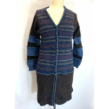 Wool Brown and Blue Button front sweater cardigan jacket in recycled fabrics - Small. Measurements below. Free Shipping. - Robin Boutique-Boutique 