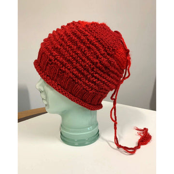 Hand knit red slouchie hat with many textures and fun tail. Vegan = no wool. Freee shipping - Robin Boutique-Boutique    &.  Reloved Fabrics