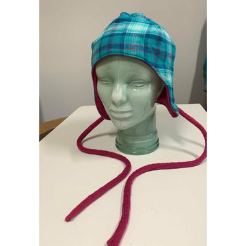 Warm Cotton bomber style hat in repurposed blue plaid and pink. Free shipping. - Robin Boutique-Boutique 