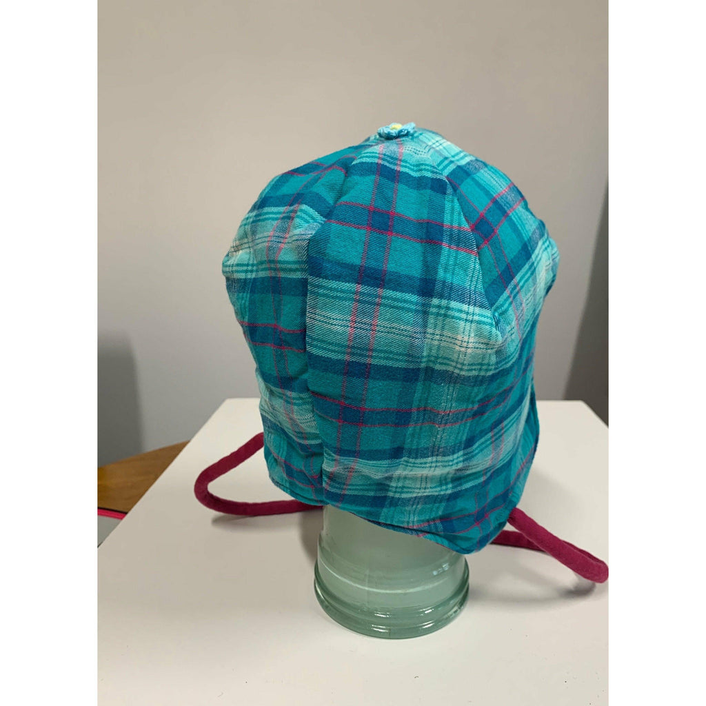 Warm Cotton bomber style hat in repurposed blue plaid and pink. Free shipping. - Robin Boutique-Boutique 