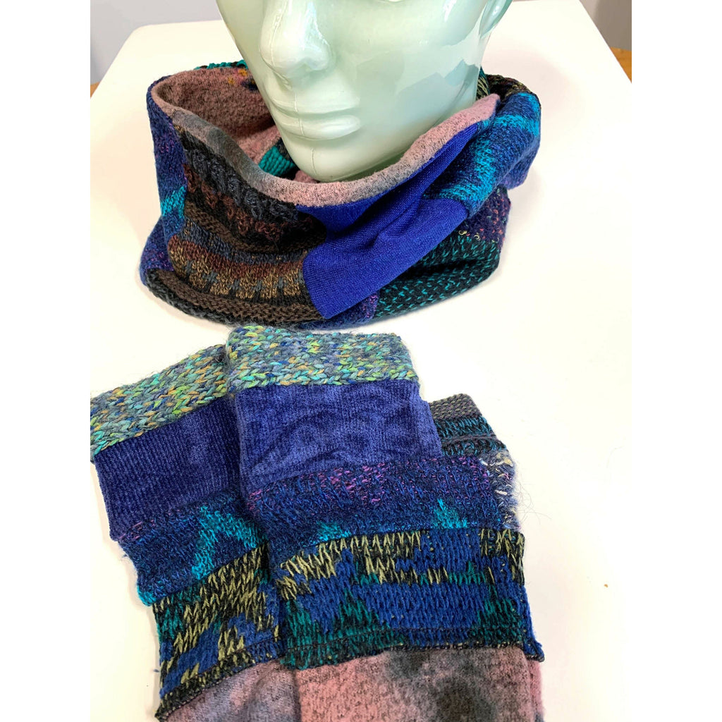 A SET! Upcycled sweaters into fingerless patchwork gloves & infinity scarf to match in blues. Wear for fun, school, texting, cashiers. - Robin Boutique-Boutique    &.  Reloved Fabrics