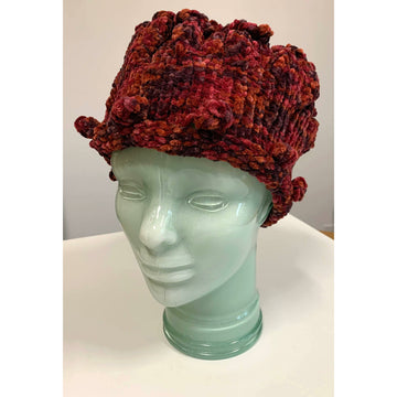 Hand knit soft bulky textural cotton chenille hat in burnt red color with popcorns. - Robin Boutique-Boutique    &.  Reloved Fabrics