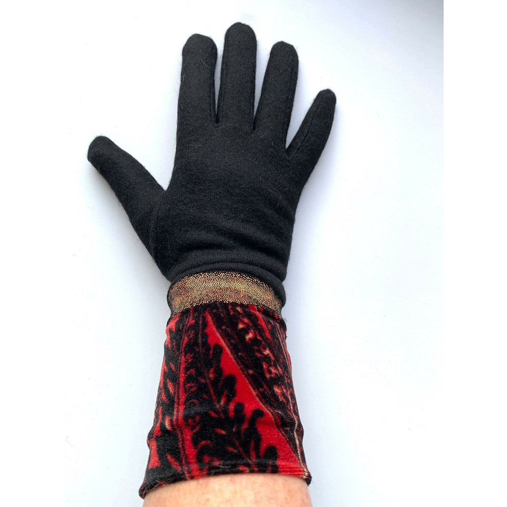 Fully lined black wool gloves in soft stretch velvet and shimmering gold. - Ew-La-La! Free shipping. - Robin Boutique-Boutique    &.  Reloved Fabrics