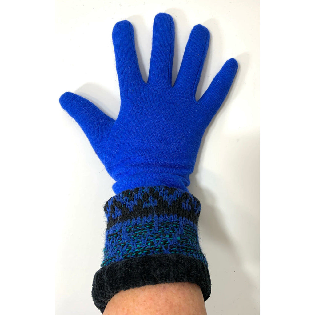 Fully lined blue wool gloves in soft stretch wool and recycled sweater cuffs. Free shipping. - Robin Boutique-Boutique    &.  Reloved Fabrics