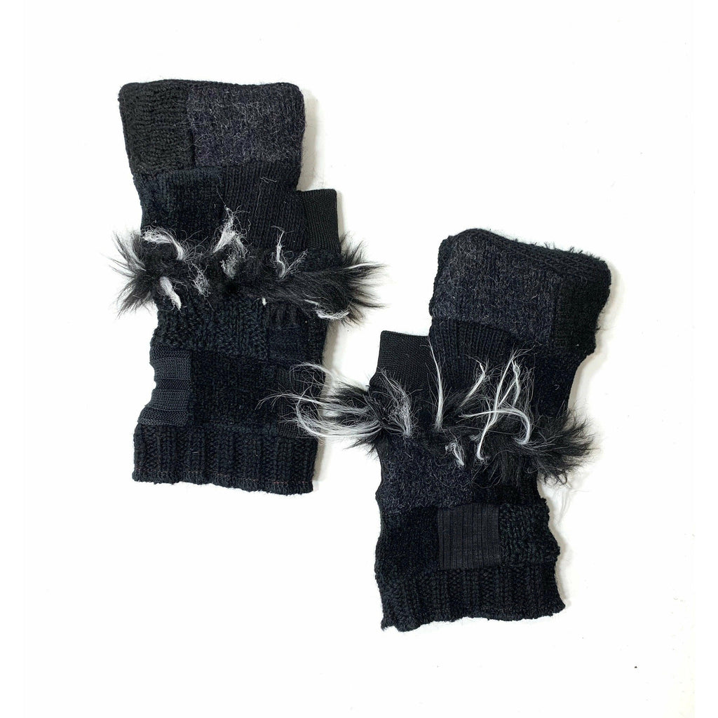 Up cycled Repurposed Recycled sweater texting Patchwork fingerless gloves in in black with fake fur. FREE Shipping - Robin Boutique-Boutique 