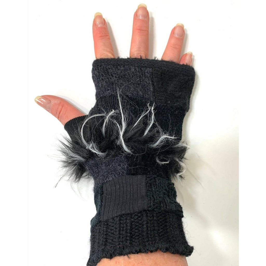 Up cycled Repurposed Recycled sweater texting Patchwork fingerless gloves in in black with fake fur. FREE Shipping - Robin Boutique-Boutique 