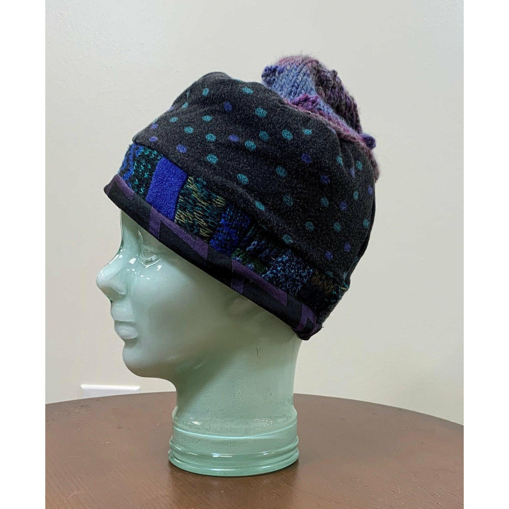Soft cozy black and blue winter hat from repurposed and hand - knitted yarns with a silk neck tie brim. - Robin Boutique-Boutique 