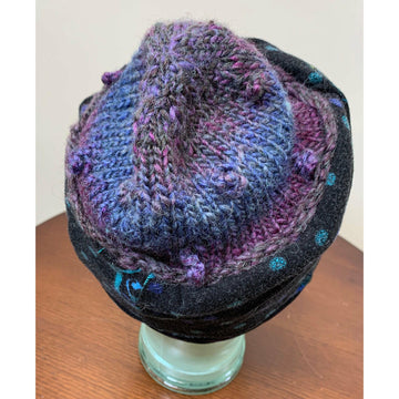 Soft cozy black and blue winter hat from repurposed and hand - knitted yarns with a silk neck tie brim. - Robin Boutique-Boutique 