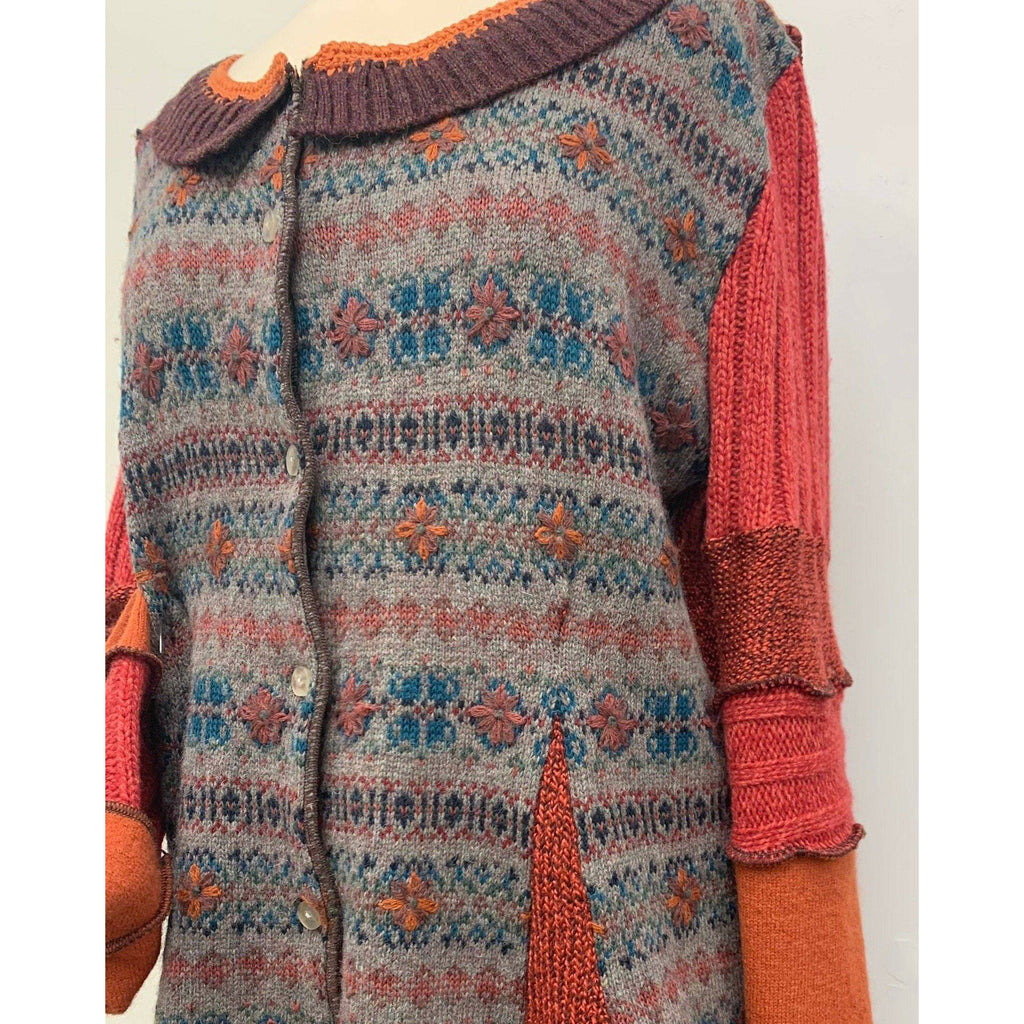 Cardigan button down jumper sweater coat in autumn russet tones with embroidery. Hand crochet and knit. Size    Small to Large - Robin Boutique-Boutique    &.  Reloved Fabrics