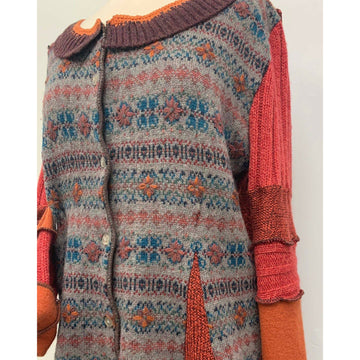 Cardigan button down jumper sweater coat in autumn russet tones with embroidery. Hand crochet and knit. Size    Small to Large - Robin Boutique-Boutique    &.  Reloved Fabrics