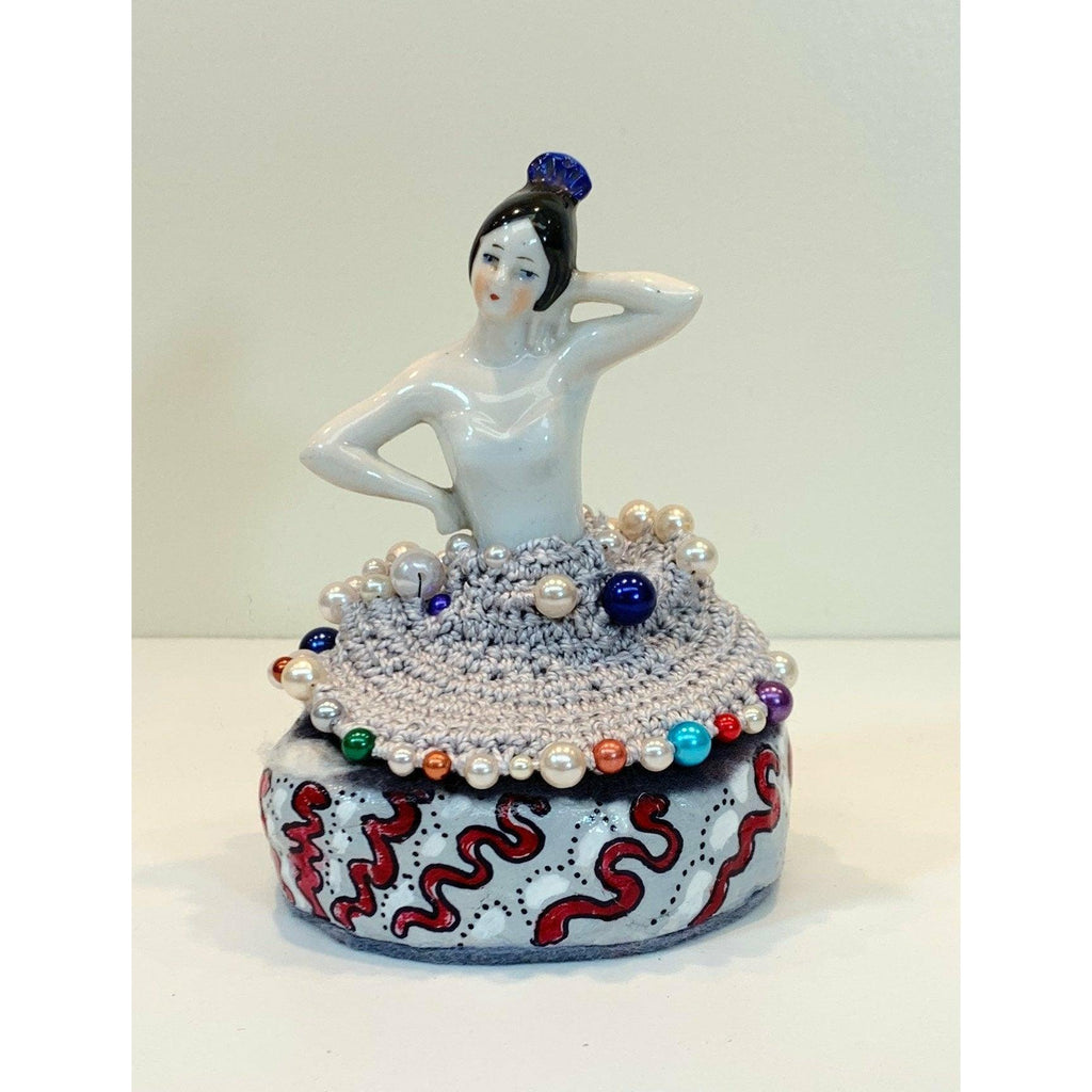 Whimsical fun vintage half porcelain doll trinket box. Handmade box with doll in her skirt for the topper. Wedding gift. Jewelry box. - Robin Boutique-Boutique 