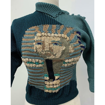 1980s  green vintage pullover sweater with Pharoah intarsia, lace and popcorns. Very detailed. Size SMALL - Robin Boutique-Boutique    &.  Reloved Fabrics