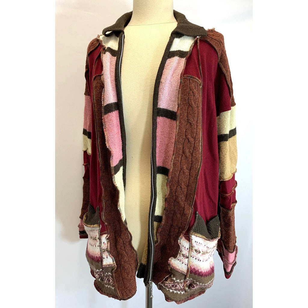 Fun Wool Cashmere Zippered front sweater cardigan jacket in recycled multi color fabrics - Large to XL. Free Shipping. - Robin Boutique-Boutique    &.  Reloved Fabrics
