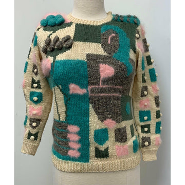 Womens 1980s hand knit pullover sweater. Couture yarns. Intricate knitting on small needles. SMALL - Robin Boutique-Boutique 