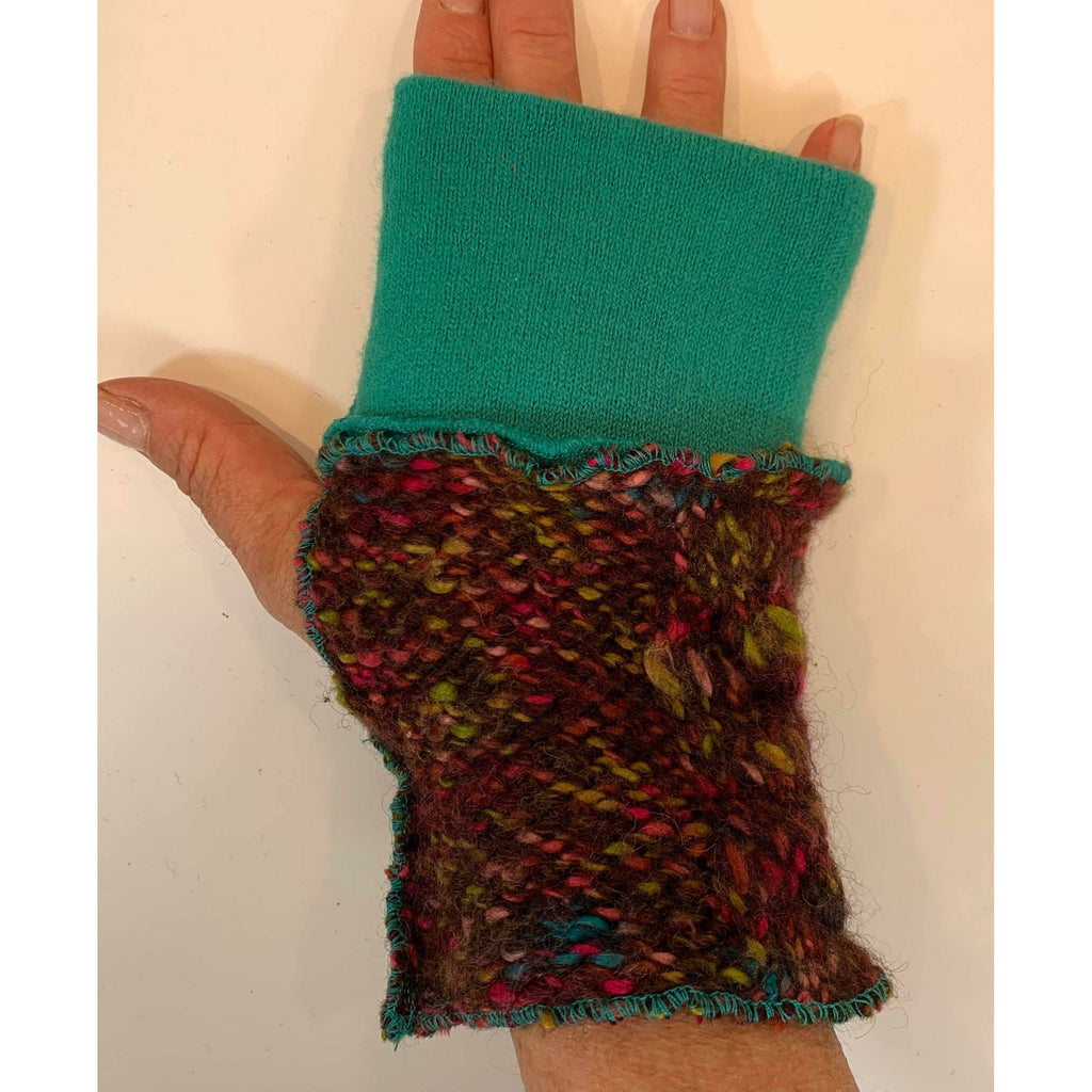 Brown and Teal Repurposed Up-cycled Recycled knit sweater texting fingerless gloves . Free shipping. - Robin Boutique-Boutique    &.  Reloved Fabrics